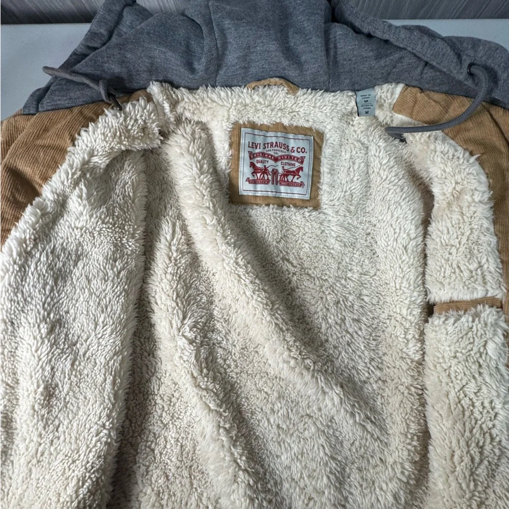 Levi's Corduroy Sherpa‎ Lined Trucker Jacket Tan Sweat Shirt Hood Sz Medium Mens
